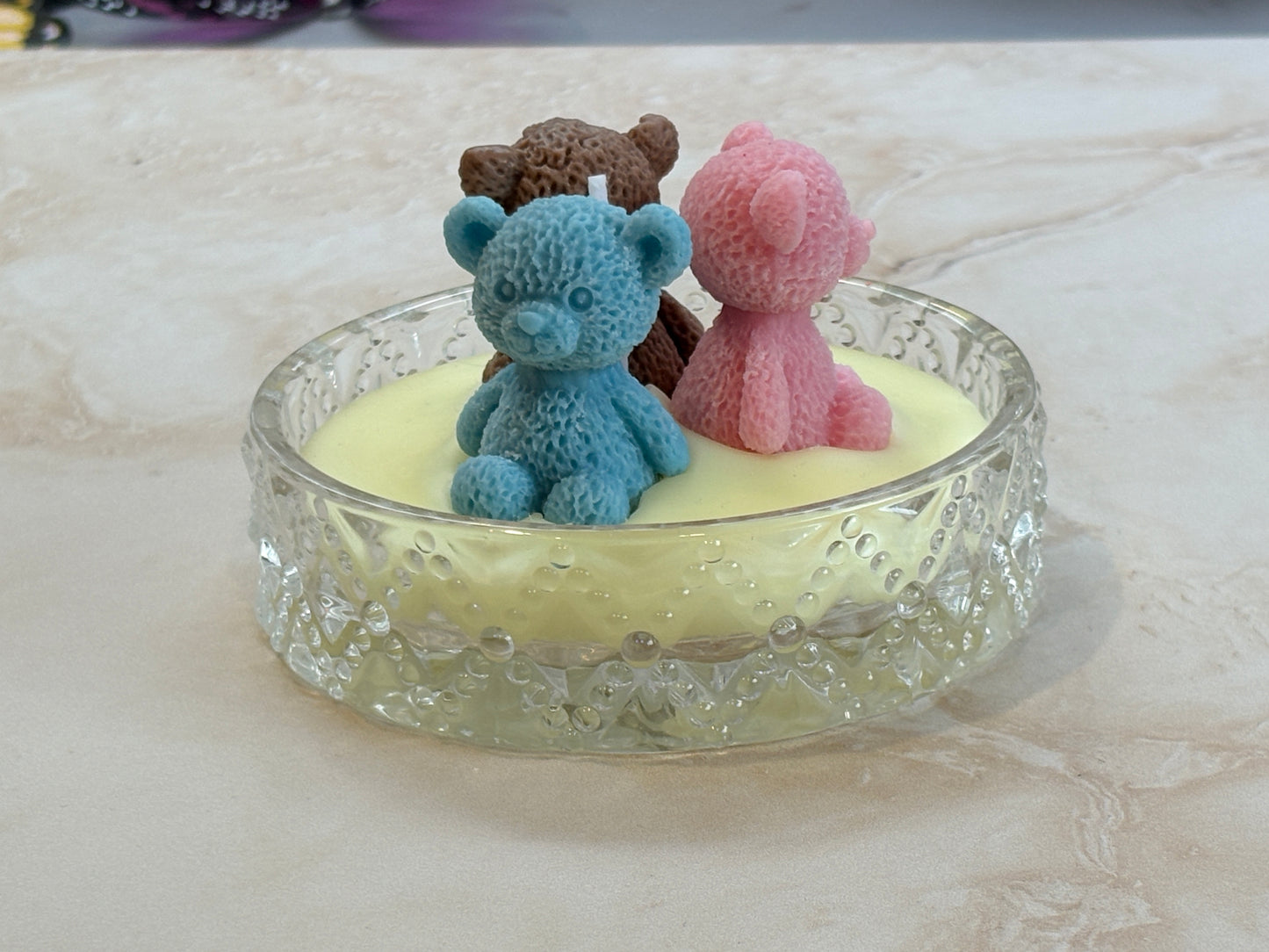 Blue and Pink Teddy Dish Candle